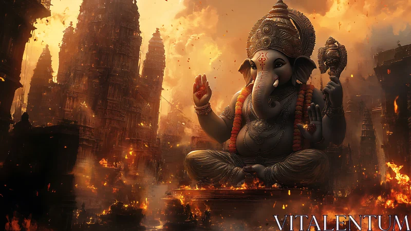 Fiery temples sway while serene Ganesha steadies the sky