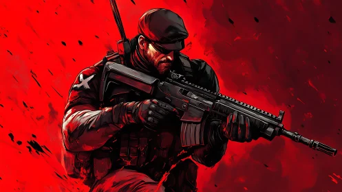 Armed tactical soldier illustration on intense red field.