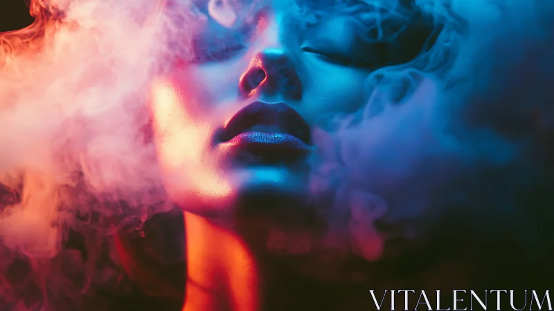 Neon-lit portrait in swirling smoke and cinematic bicolor glow.