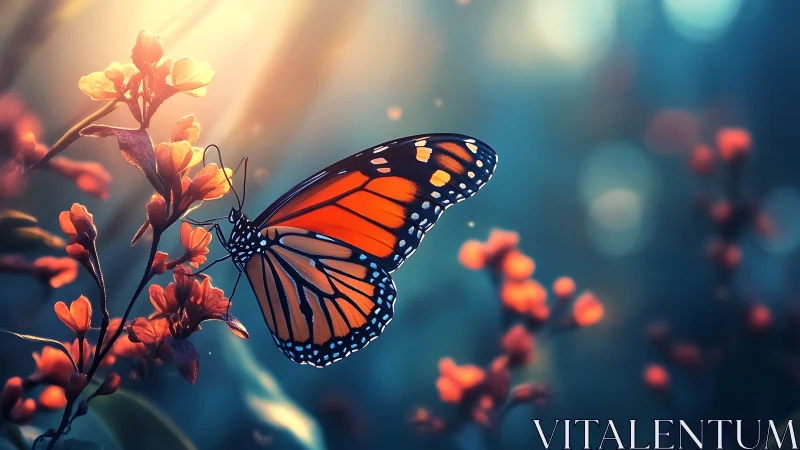 Gentle monarch butterfly resting in dreamy garden light.