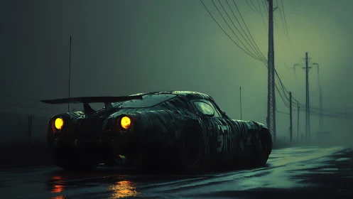 Racing car on wet road in foggy industrial landscape.