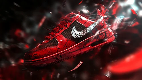 Red velocity sneaker exploding through neon splintered space.