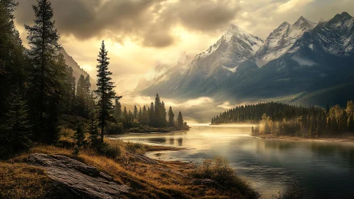 Golden sunrise over misty alpine lake and towering pines