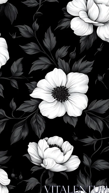 Elegant white flowers bloom against dramatic black background.