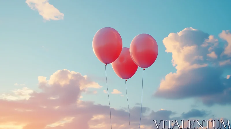 Three Rose-Hued Orbs Drift Through Cerulean Skies Above Cottony Clouds.