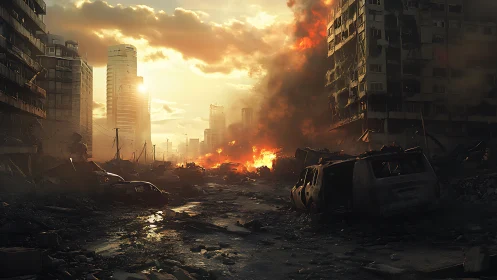 Cinematic digital painting of a sunlit post‑apocalyptic avenue.