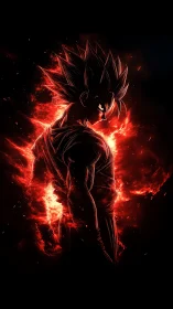 Fiery anime warrior silhouette in dynamic backlit inferno.