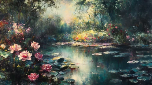 Lotus blossoms gossip softly around a misty twilight pond