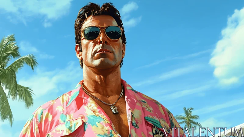 Tropical alpha portrait in hyperreal digital rendering.