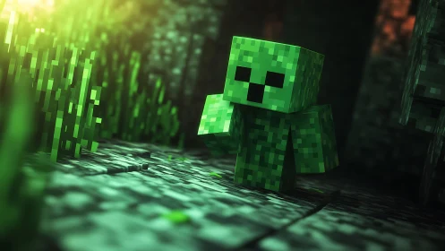 Green pixelated creature stalks a glowing cavern path