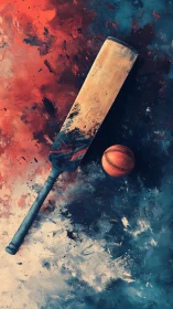 Cricket bat and ball drift through a storm of painted clouds