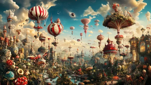 Floating balloon cityscape with airborne structures and clouds.