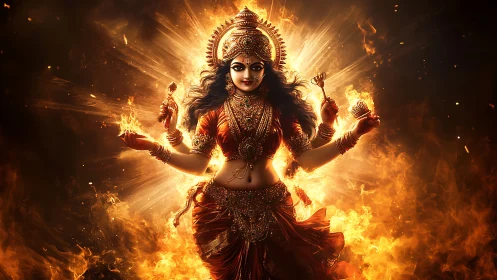Multi-armed female deity figure stands amid symmetrical flames