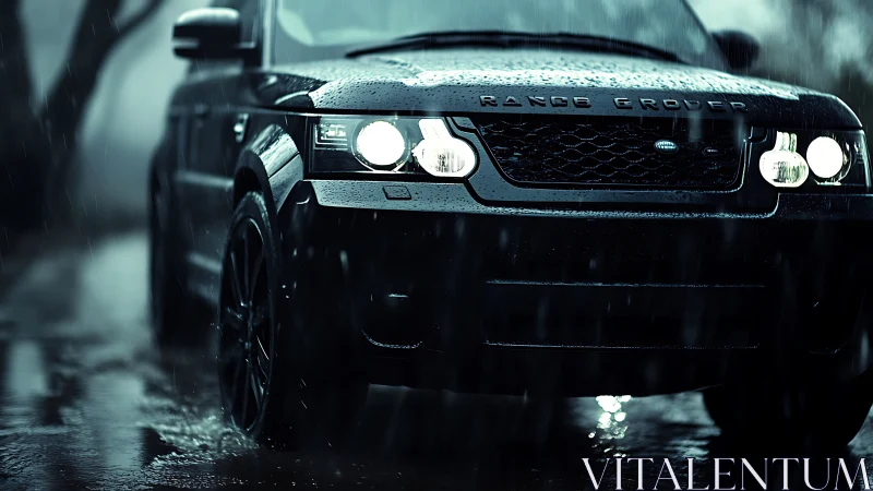 Black SUV headlights cut through wet night forest road rain