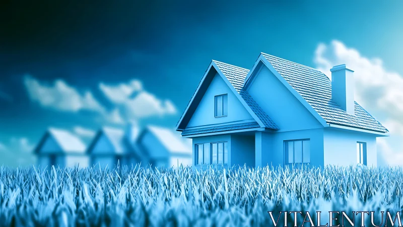 Frosted suburban house in stylized blue 3D landscape.
