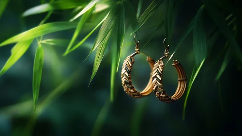Golden hoop earrings rest gently among fresh green leaves