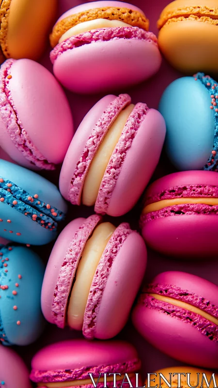 Candy-cloud macarons in neon sugar parade close-up delight.