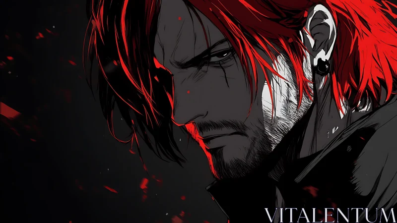 Brooding red haired antihero in dramatic shadowed closeup.