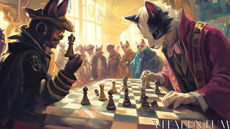 Anthropomorphic Cats Playing Chess in Grand Hall