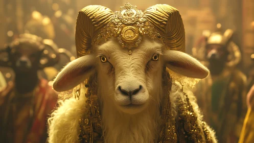 Regal ram in golden ceremonial armor gazes forward calmly.