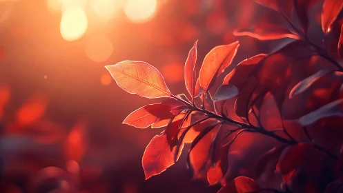 Vibrant red autumn leaves in warm sunset light, soft focus nature.