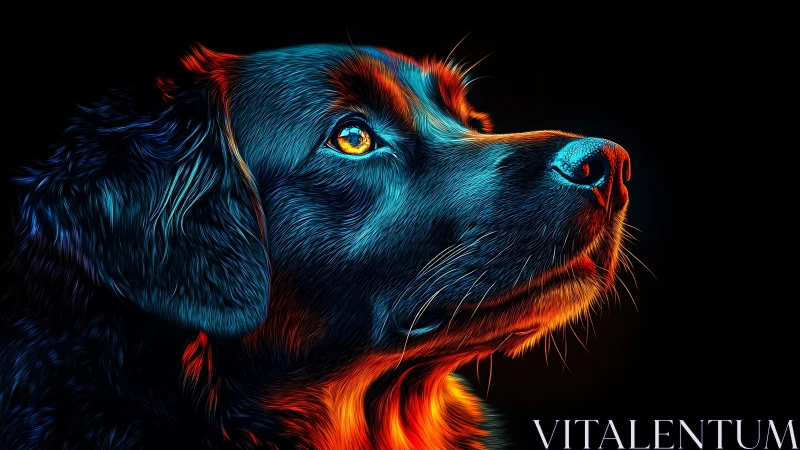 Radiant neon dog portrait in dramatic side profile view.