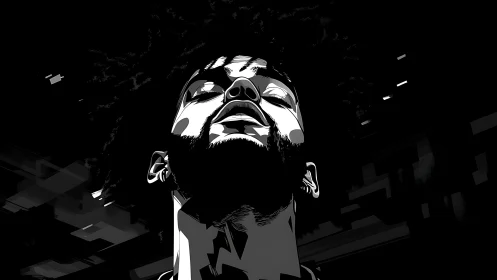 Stylized monochrome portrait shows upward gaze in stark light