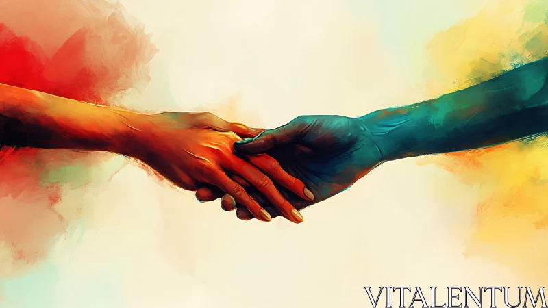 Dual-Hand Clasp With Chromatic Gradient Overlay and Watercolor Dissolution Effect