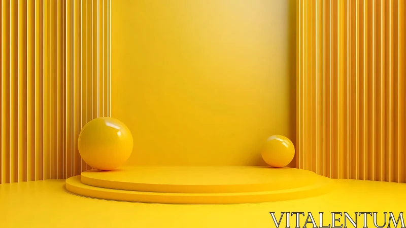 Monochrome yellow 3D stage with glossy spheres and fluted walls.