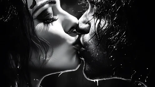 Wet Intimacy: Monochromatic Kiss in Rain.