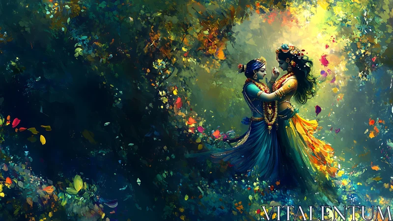 Ethereal Digital Rendering of Two Mythological Figures in Luminous Floral Environment