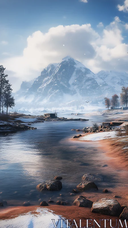 Snow-covered mountain and river in clear winter daylight.