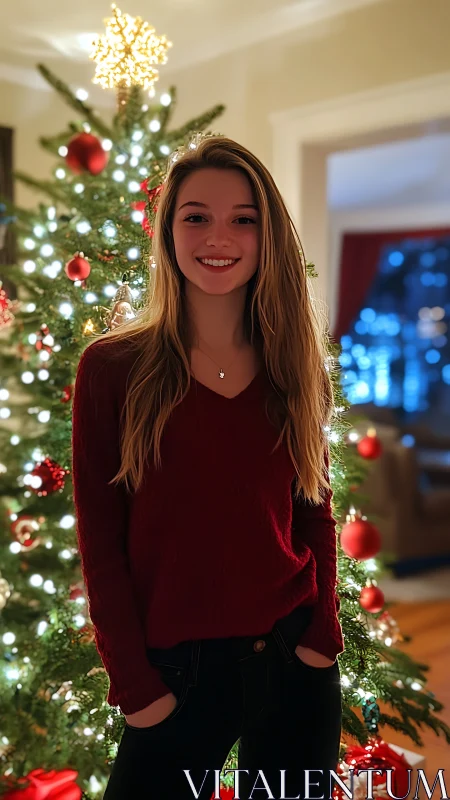 Young woman in red sweater before illuminated Christmas tree