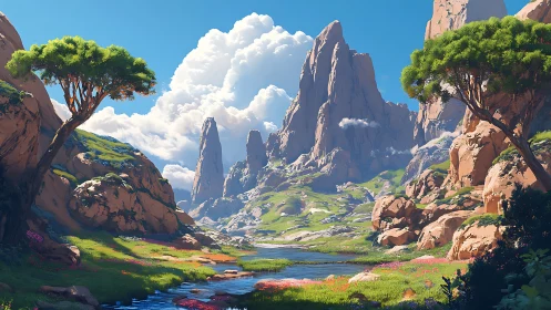 Sunlit stylized canyon valley with river and monolithic peaks.