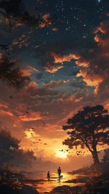 Sunset river walk with silhouettes under glowing sky.