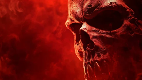 Burning demonic skull emerges from swirling red smoke
