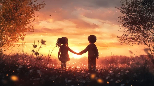 Two Children Holding Hands Against Golden Sunset.