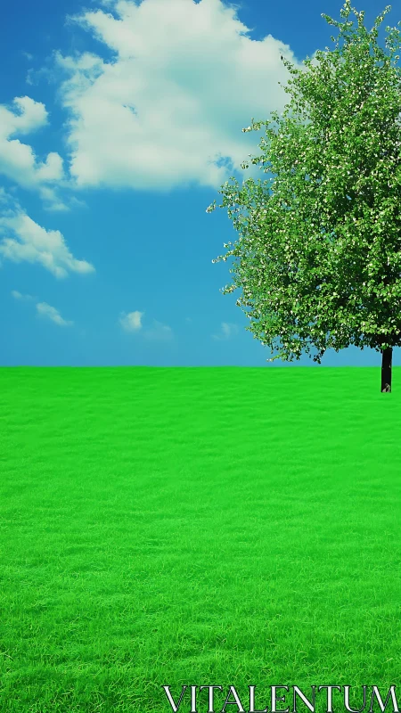 Isolated tree on bright green grass under blue sky.