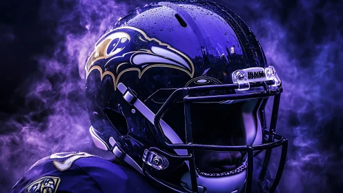 Photorealistic close-up of football helmet in purple smoke.