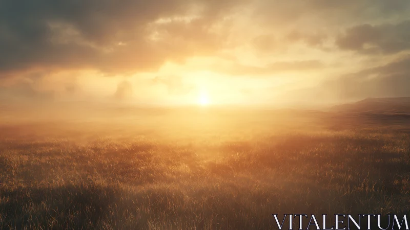 Sunlit mist over golden meadow under expansive sky.