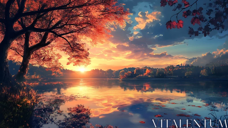 Spectral autumn lake horizon under volumetric sunset illumination.