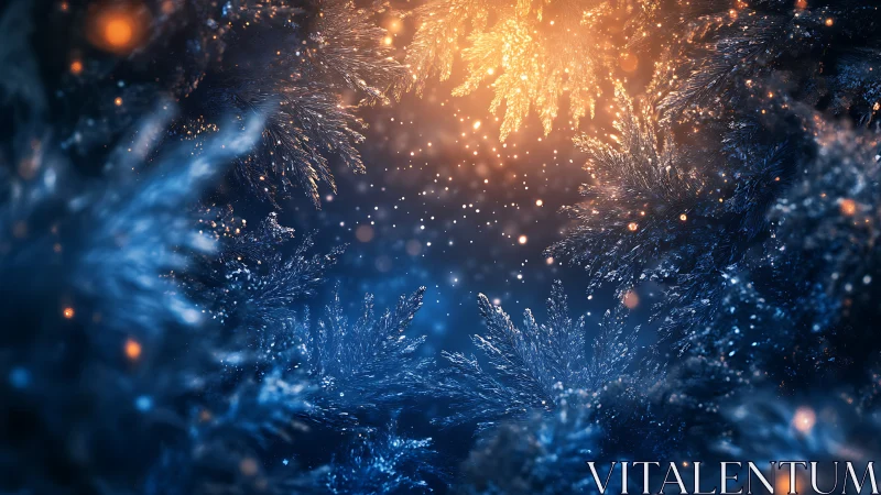 Luminous frost canopy with blue bokeh and warm flare contrast.