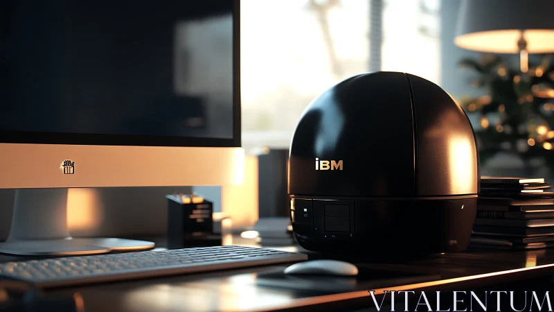 Desktop workspace with spherical IBM device and monitor.