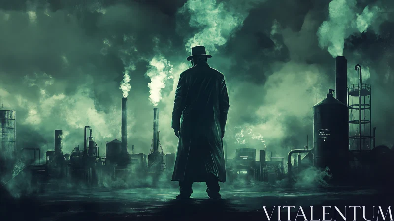 Lone figure in trench coat faces dark, smoking refinery.