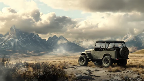 Photorealistic off-road jeep under vast alpine storm light.