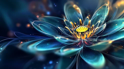 Luminous digital flower with glowing blue glass petals.