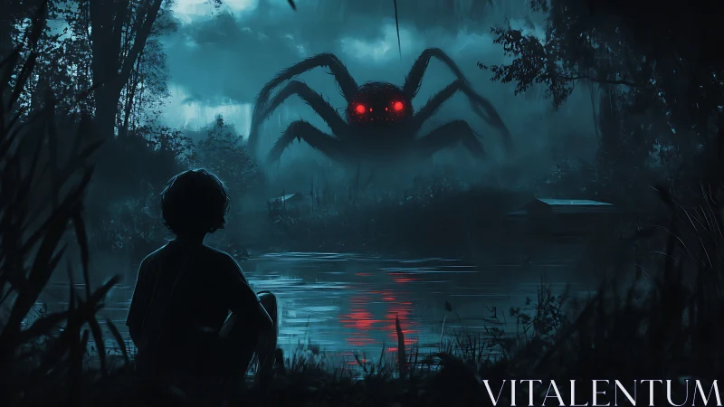 Nocturnal marsh encounter with macro-scale arachnid entity.