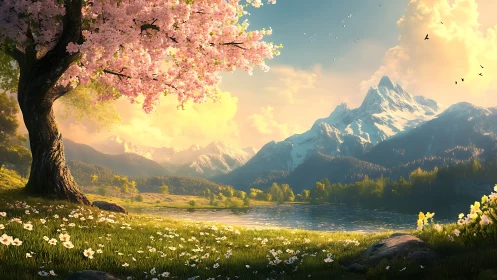Spring blossom tree over alpine lake with sunlit peaks