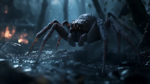 Mysterious forest spider exploring a moonlit, misty path.