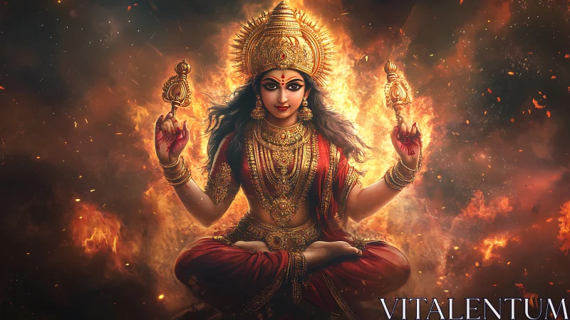 Depiction shows four-armed seated figure amid controlled flames